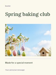 Easter eggs hanging on blossoming tree branch in Spring baking club · Title & photograph