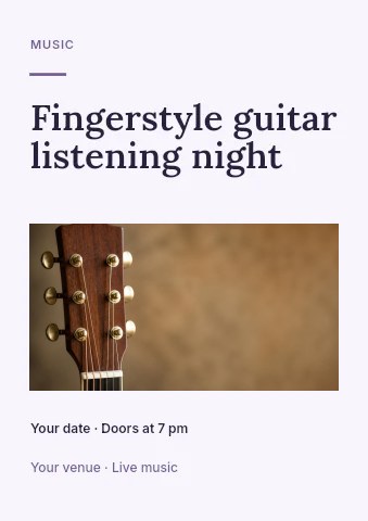 Fingerstyle guitar listening night flyer template · Quiet photo gallery