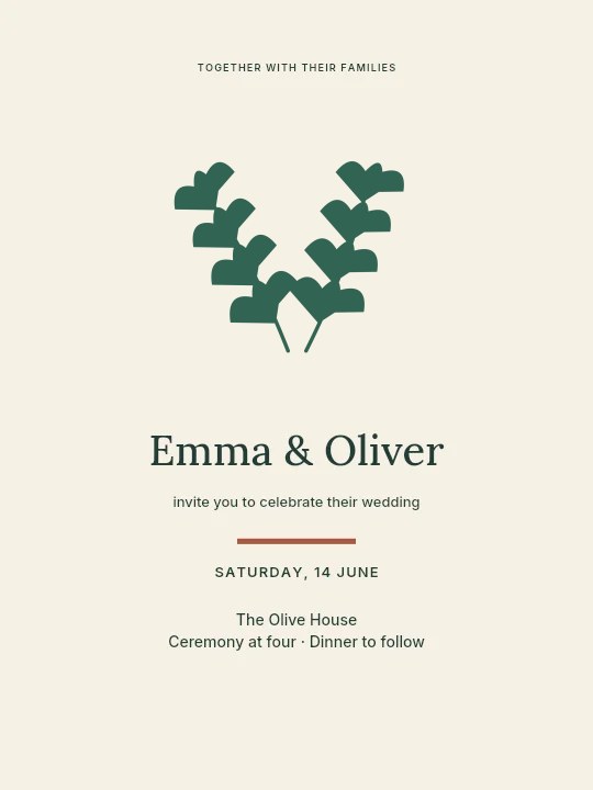 Ginkgo foliage · paired arrangement with 4 leaf pairs in Olive garden · Wedding invitation