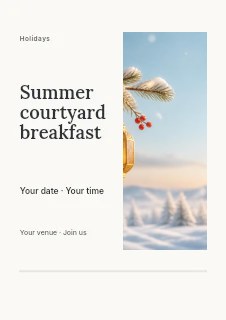 Festive lanterns on snowy pine branch in Summer courtyard breakfast flyer · Split portrait