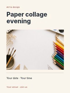 Art supplies and blank paper flat lay in Paper collage evening poster · Title & photograph