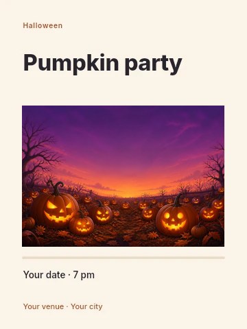Glowing jack-o’-lantern pumpkin patch at dusk in Pumpkin party invitation template