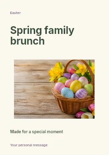 Colorful Easter eggs in wicker basket with flowers in Spring family brunch · Modern programme