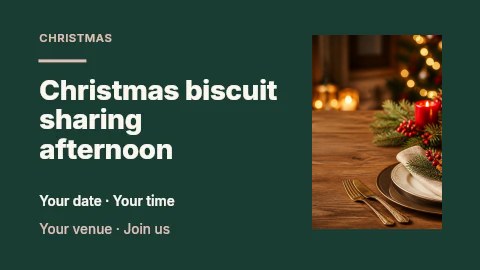 Cozy Christmas table setting with candles in Christmas biscuit sharing afternoon presentation cover · Horizontal photo dialogue