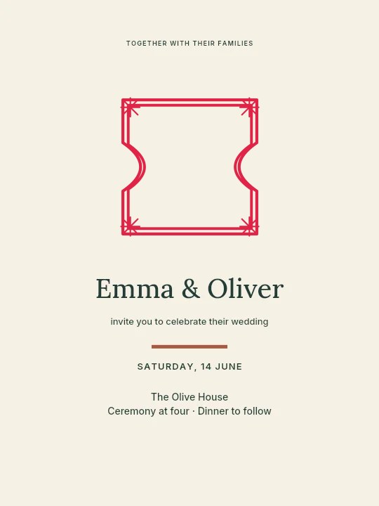 Ticket frame · fan ornaments and double border in Olive garden · Wedding invitation