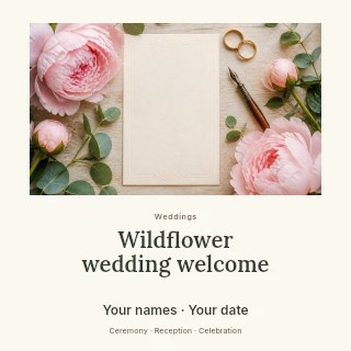 Blank wedding invitation card with flowers in Wildflower wedding welcome social media post · Quiet photo gallery