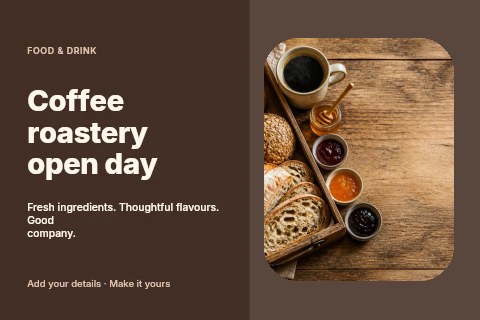 Rustic breakfast tray with bread and coffee in Coffee roastery open day postcard template