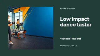Low impact dance taster presentation cover template · Horizontal photo dialogue