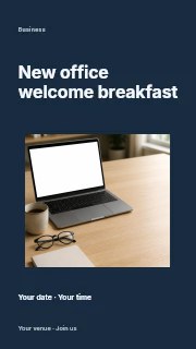 Minimalist workspace with laptop and notebook in New office welcome breakfast instagram story · Modern programme
