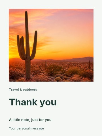 Saguaro cactus at desert sunset in Mountain hiking weekend greeting card template