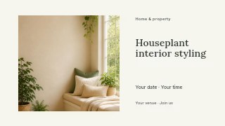 Houseplant interior styling presentation cover template · Horizontal photo dialogue