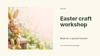 Easter bunny figurine holding flowers in Easter craft workshop · Horizontal photo dialogue