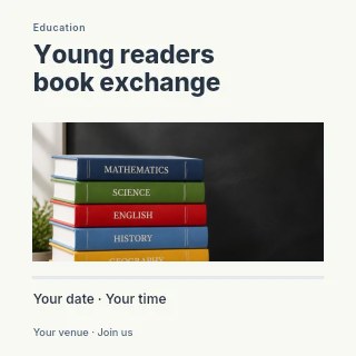 Stack of colorful school subject books in Young readers book exchange social media post · Title & photograph