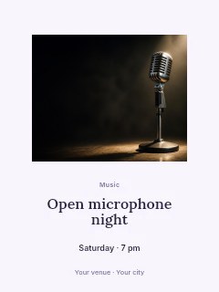 Vintage microphone on stand with spotlight in Open microphone night · Picture window