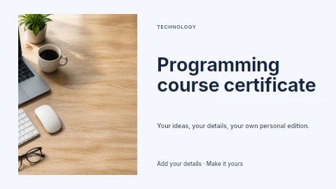 Programming workspace with laptop and coffee in Programming course certificate youtube thumbnail template
