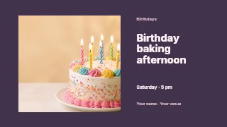Birthday baking afternoon presentation cover template · Horizontal photo dialogue
