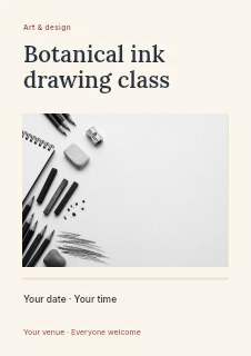 Botanical ink drawing class flyer template · Title & photograph