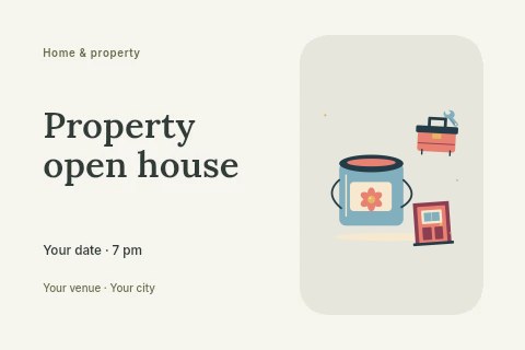 Home workshop with paint can and little toolbox in Property open house postcard template