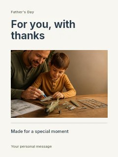 Father and son building model airplane in Father’s Day photo message · Title & photograph