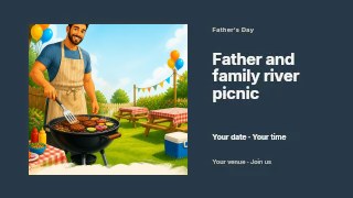 smiling man barbecuing in festive backyard in Father and family river picnic presentation cover · Horizontal photo dialogue