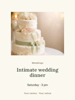 Three-tier white wedding cake with flowers in Intimate wedding dinner · Picture window
