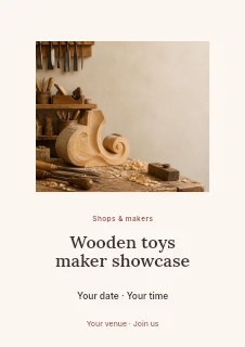 Traditional woodworking bench with tools in Wooden toys maker showcase flyer · Picture window