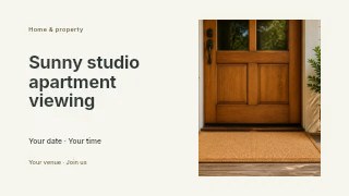 Sunny studio apartment viewing presentation cover template · Horizontal photo dialogue