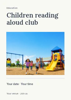 Children playing on bright playground equipment in Children reading aloud club flyer · Title & photograph