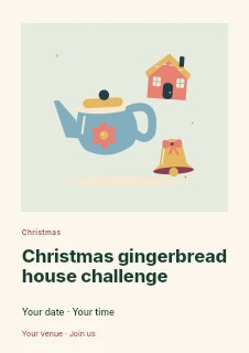 Christmas kitchen with teapot and gingerbread cottage in Christmas gingerbread house challenge flyer · Gallery editorial