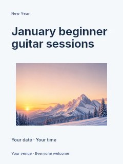 Snowy mountain range at sunset in January beginner guitar sessions poster · Modern programme