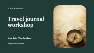 Travel journal workshop presentation cover template · Horizontal photo dialogue