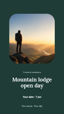 Hiker overlooking sunset mountain river in Mountain lodge open day instagram story template