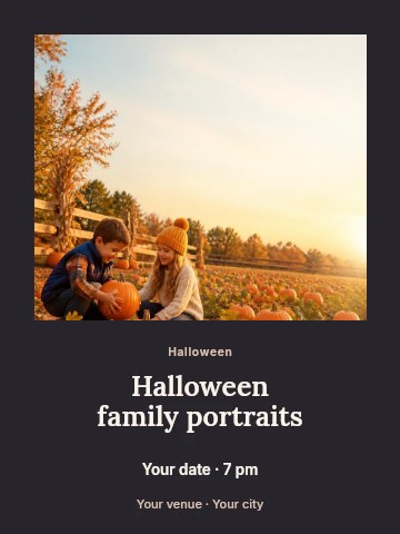 Children picking pumpkins in field at sunset in Halloween family portraits invitation template