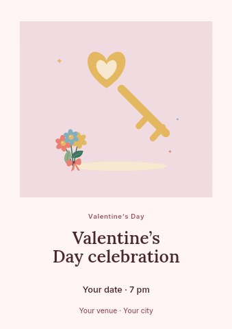 A golden love key and floral ribbon in Valentine’s Day celebration flyer template