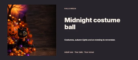 Halloween candy with black cat figurine in Midnight costume ball event ticket template