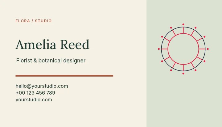 Dot radial emblem · 12 motifs and spokes in Flora studio · Botanical business card