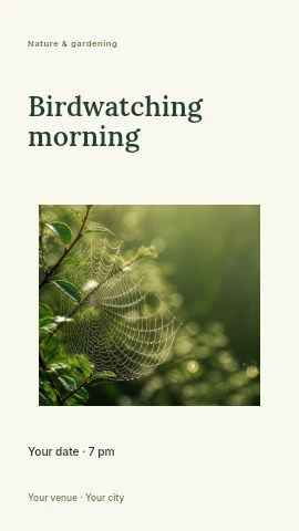 dew-covered spider web on green foliage in Birdwatching morning instagram story template