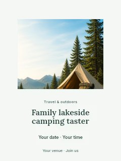Camping tent with backpack in forest in Family lakeside camping taster poster · Picture window