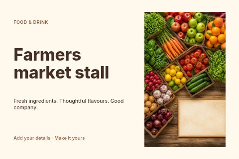 Assorted fresh fruits and vegetables display in Farmers market stall postcard template