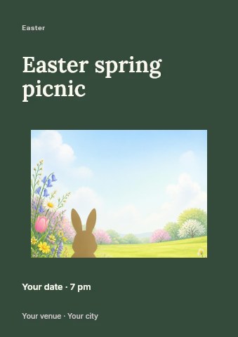 Spring meadow with rabbit silhouette in Easter spring picnic flyer template