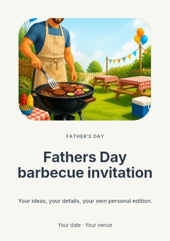 smiling man barbecuing in festive backyard in Fathers Day barbecue invitation flyer template