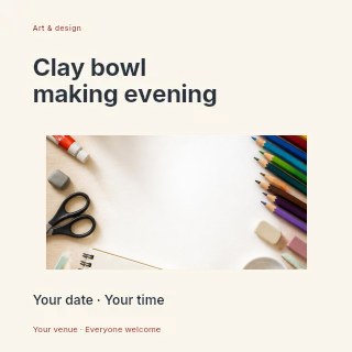 Clay bowl making evening social media post template · Modern programme