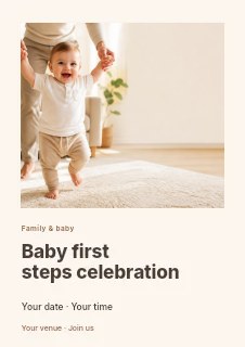 Baby Taking First Steps Indoors in Baby first steps celebration flyer · Gallery editorial