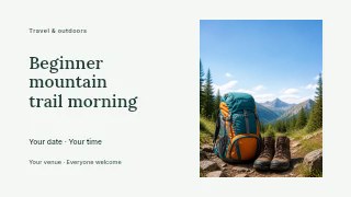 Beginner mountain trail morning presentation cover template · Horizontal photo dialogue