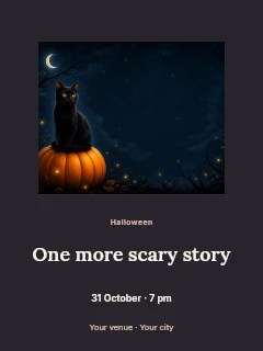 black cat sitting on pumpkin at night in Halloween film night photo layout · Picture window
