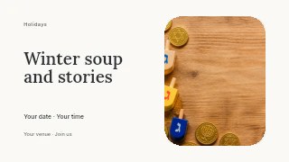 Winter soup and stories presentation cover template · Horizontal photo dialogue