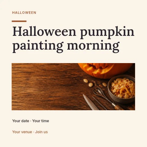 Jack-o’-lantern pumpkin carving setup in Halloween pumpkin painting morning social media post · Title & photograph