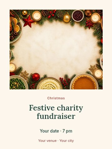 Festive Christmas dinner spread with sides in Festive charity fundraiser invitation template