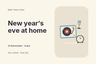 Countdown music with turntable and champagne in New Year’s Eve at home · Horizontal photo dialogue