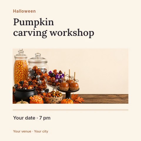 Halloween candy and caramel apples display in Pumpkin carving workshop social media post template